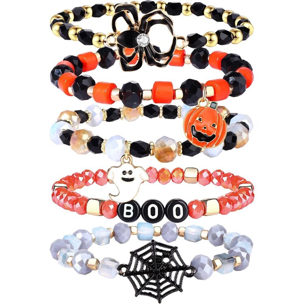 Halloween Beaded Bracelets Pumpkin Spider Ghost Charms Bracelets BOO Happy Hallo